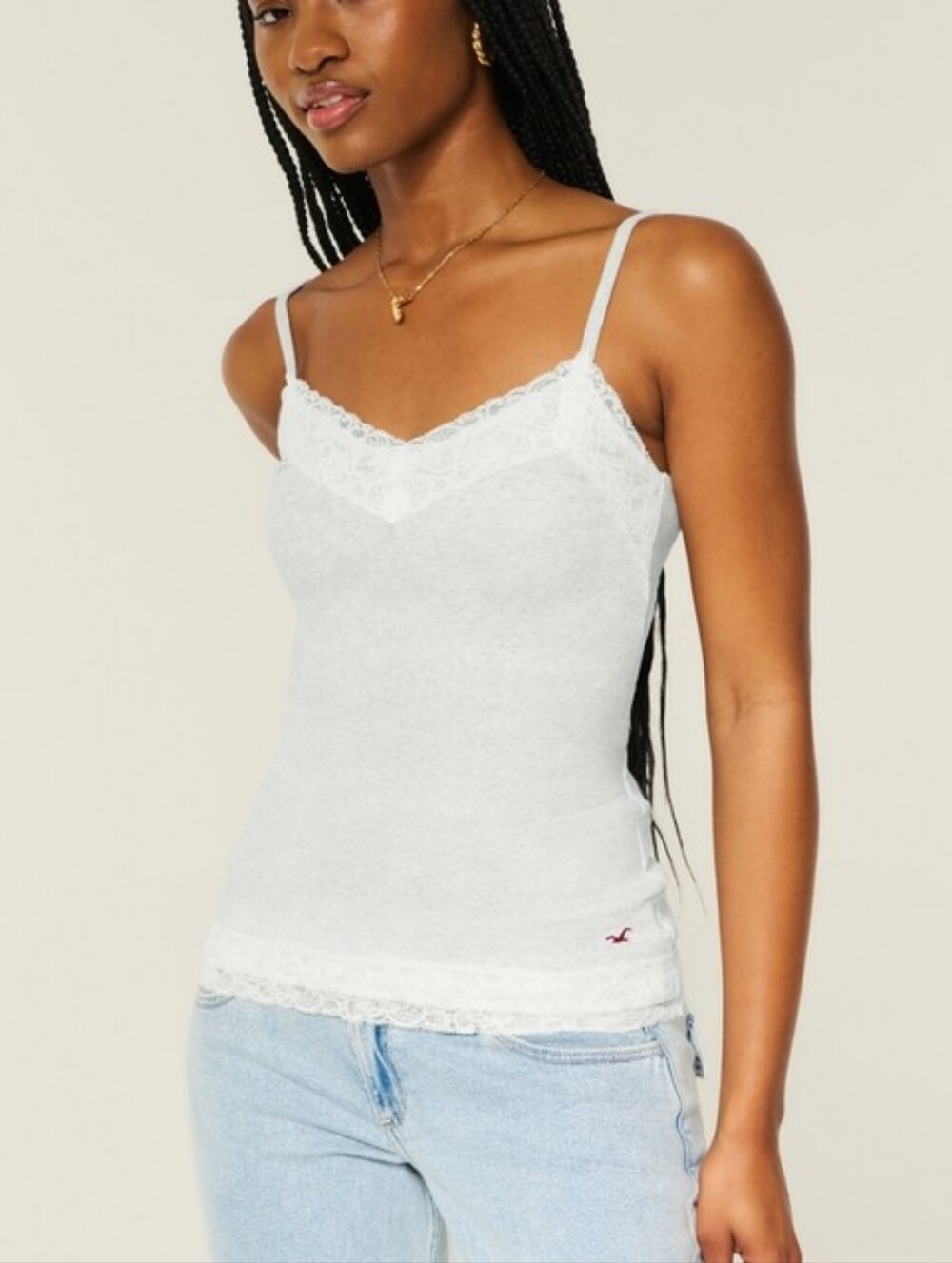 Hollister Women's White Lace-Trim Cami Tank Top Light Grey LIKE NEW SIZE L